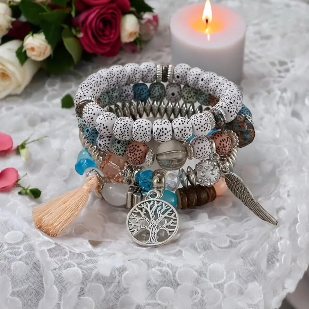 4pcs/set Bohemian Hand String, Tree Of‎ Life Feather Wings Pendant Bracelet